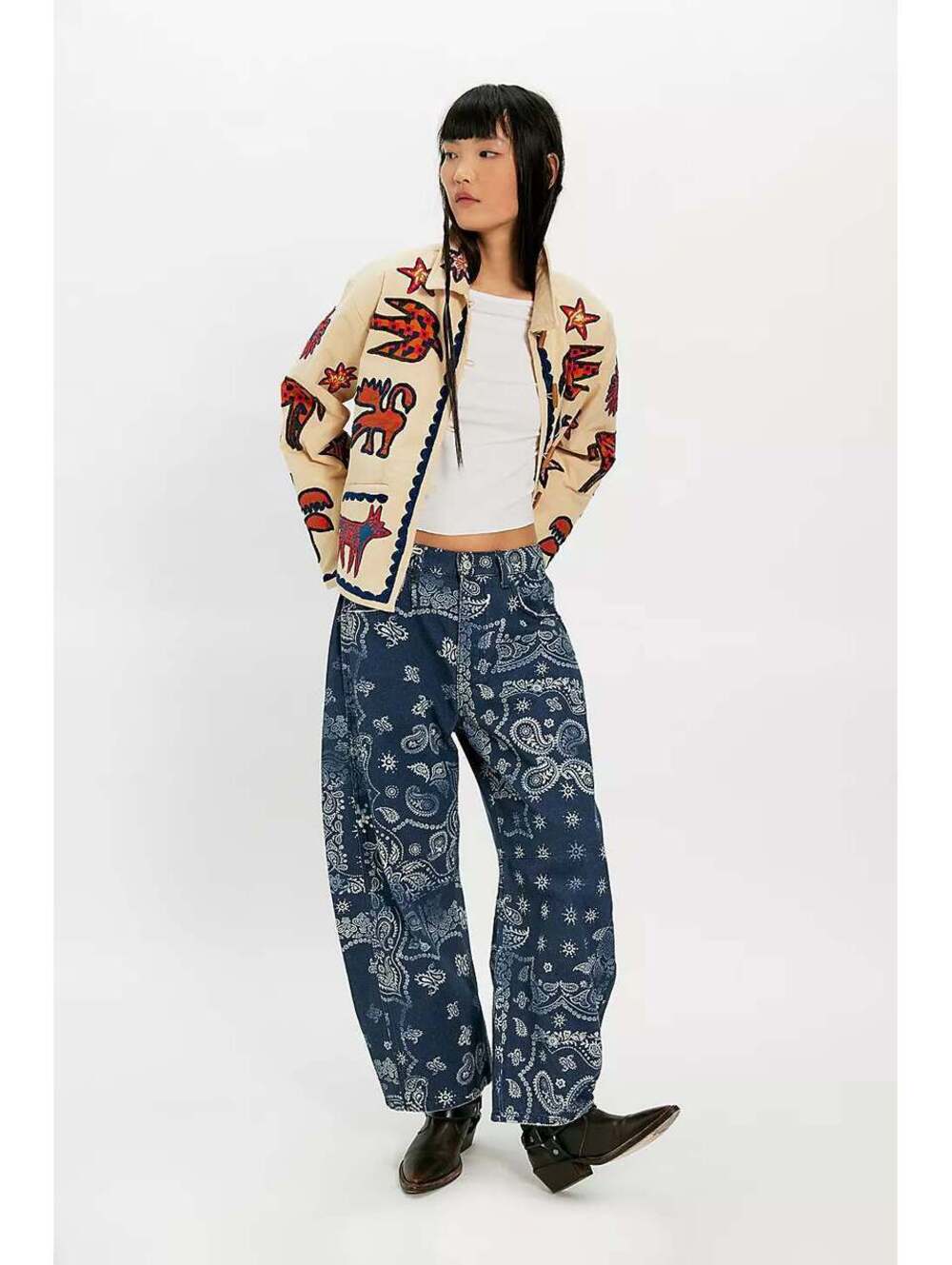 We The Free Good Luck Printed Barrel Jeans Boho Preppy